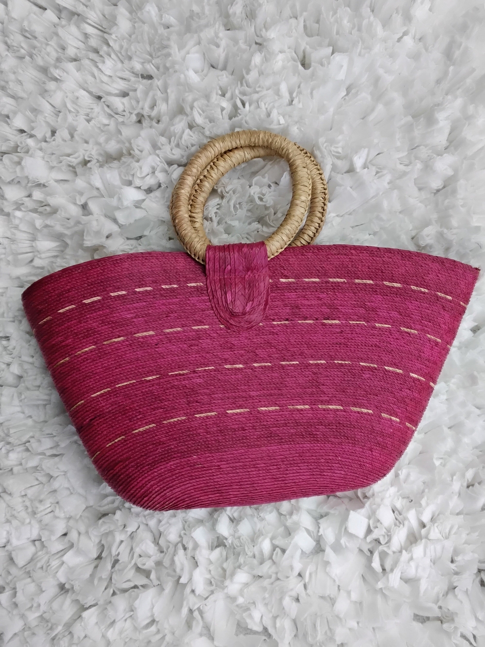 Handwoven Pink Straw Tote Bag with Round Handles